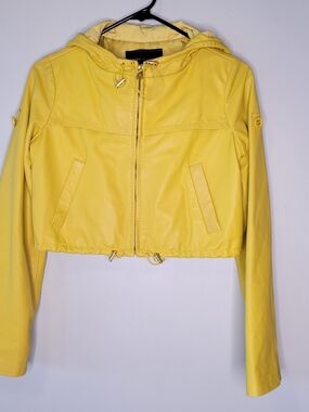 BCBGMaxAzria Yellow Hooded Cropped Bomber Jacket